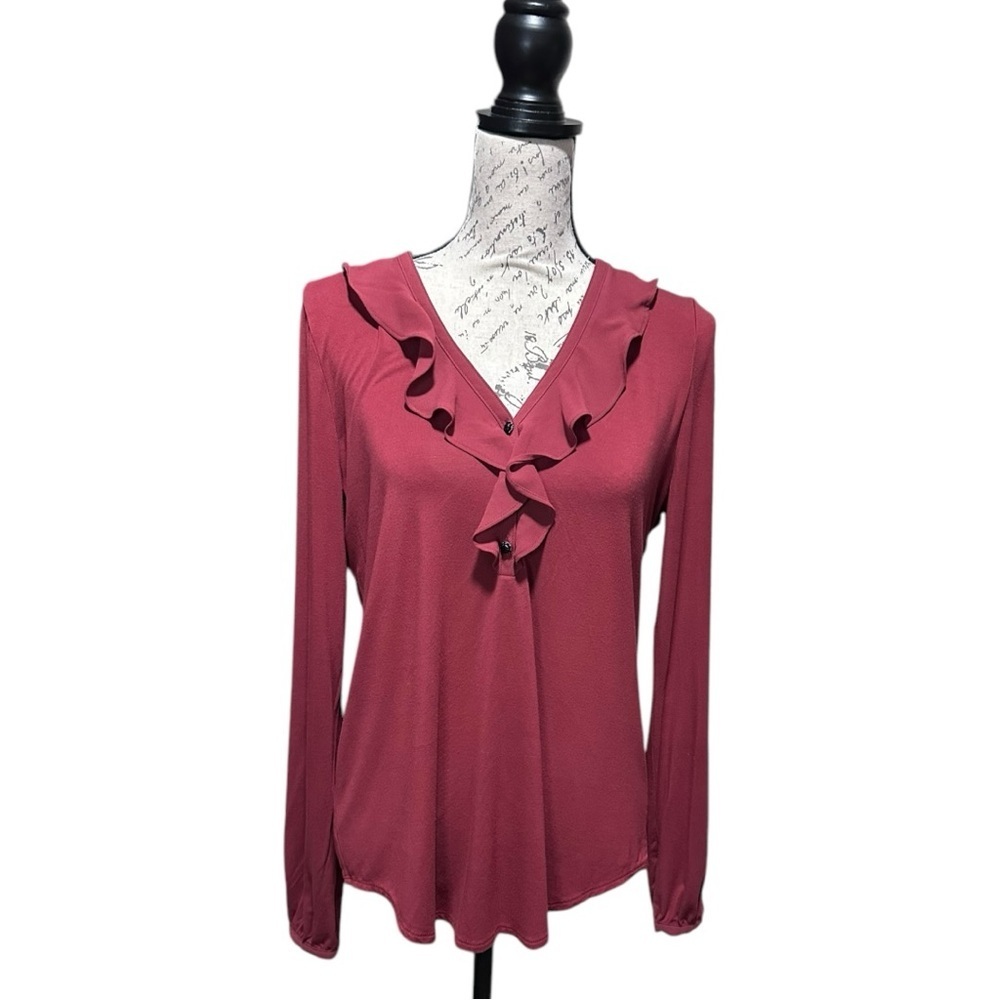 WHBM Long Sleeve Brick Red Blouse With Ruffles Size Medium